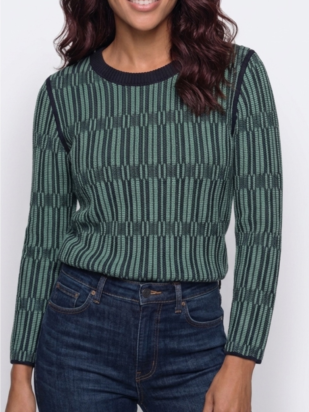Tory Burch Green Patterned Crewneck Top with Black Trim